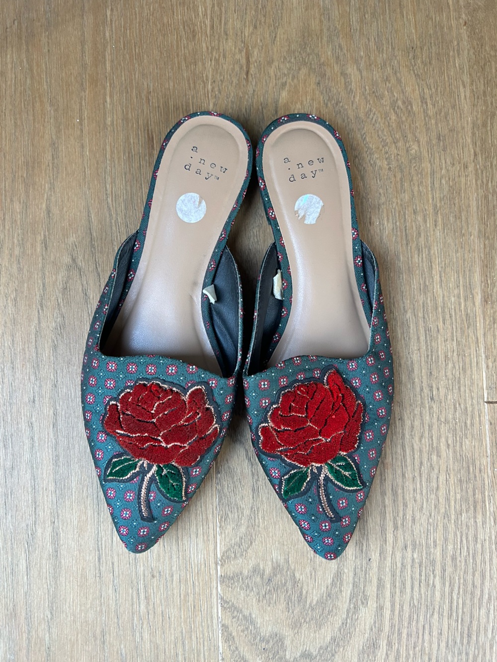 A New Day Floral Rose Embroidered Pointed Toe Mules
